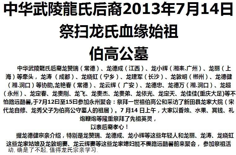 武陵龙氏后裔二零一三年七月十四日湖南永州祭拜血缘始祖伯高公墓